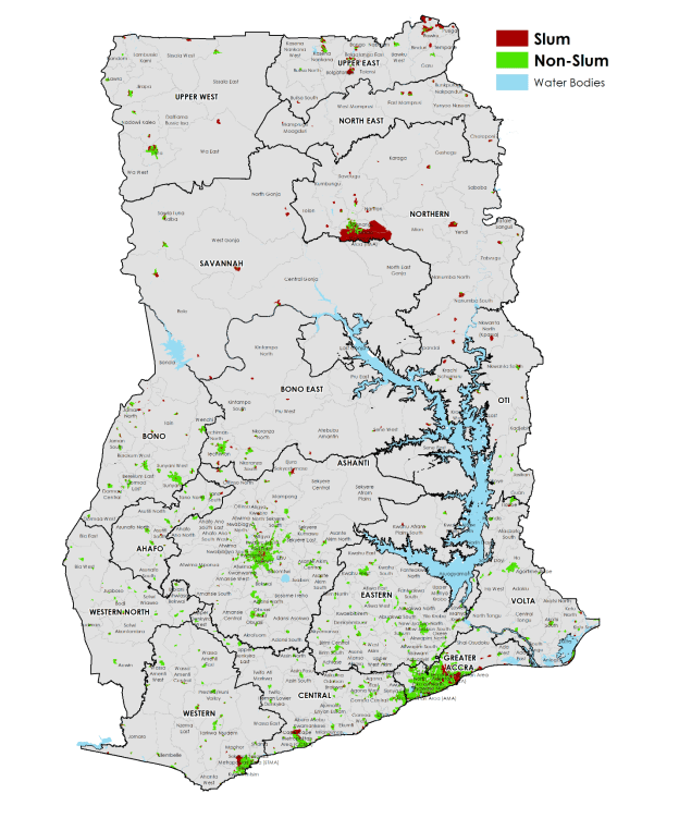 Map of Ghana marking urban slum and informal settlement clusters in red, other urban areas in green and water in blue (Figure 8.8)
